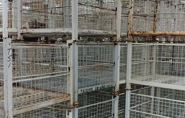 A bunch of cages that are in the middle of a building