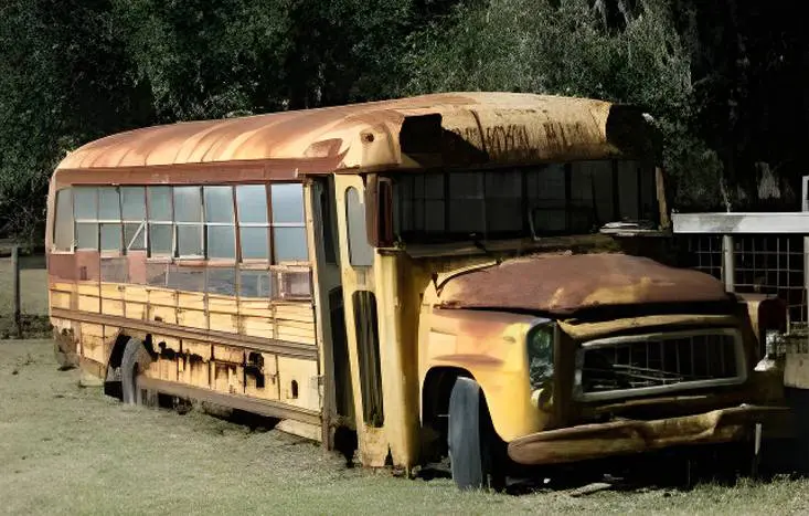 A rusted school bus sitting in the grass.
