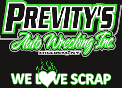A black and green logo for previtys auto wrecking inc.